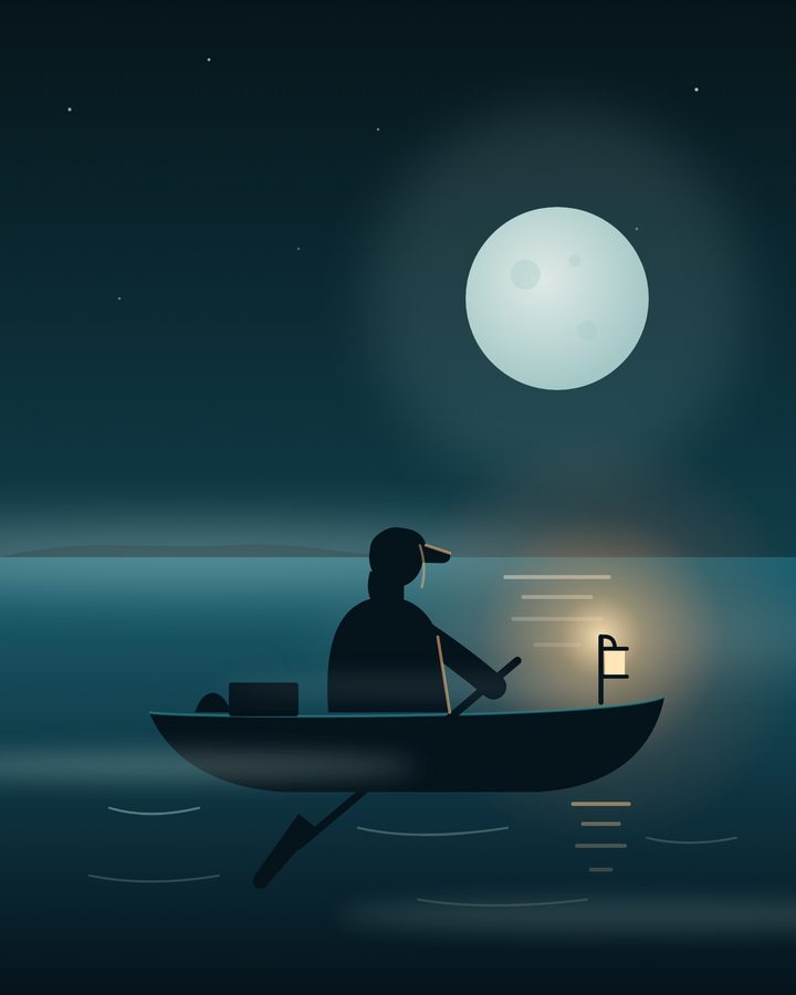 Un pescador rema en su bote, de noche, con un candil encendido en la proa